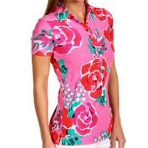 LILLY PULITZER  Just Love Polo Top Sz S Small Pink Red Floral Rose Short Sleeve